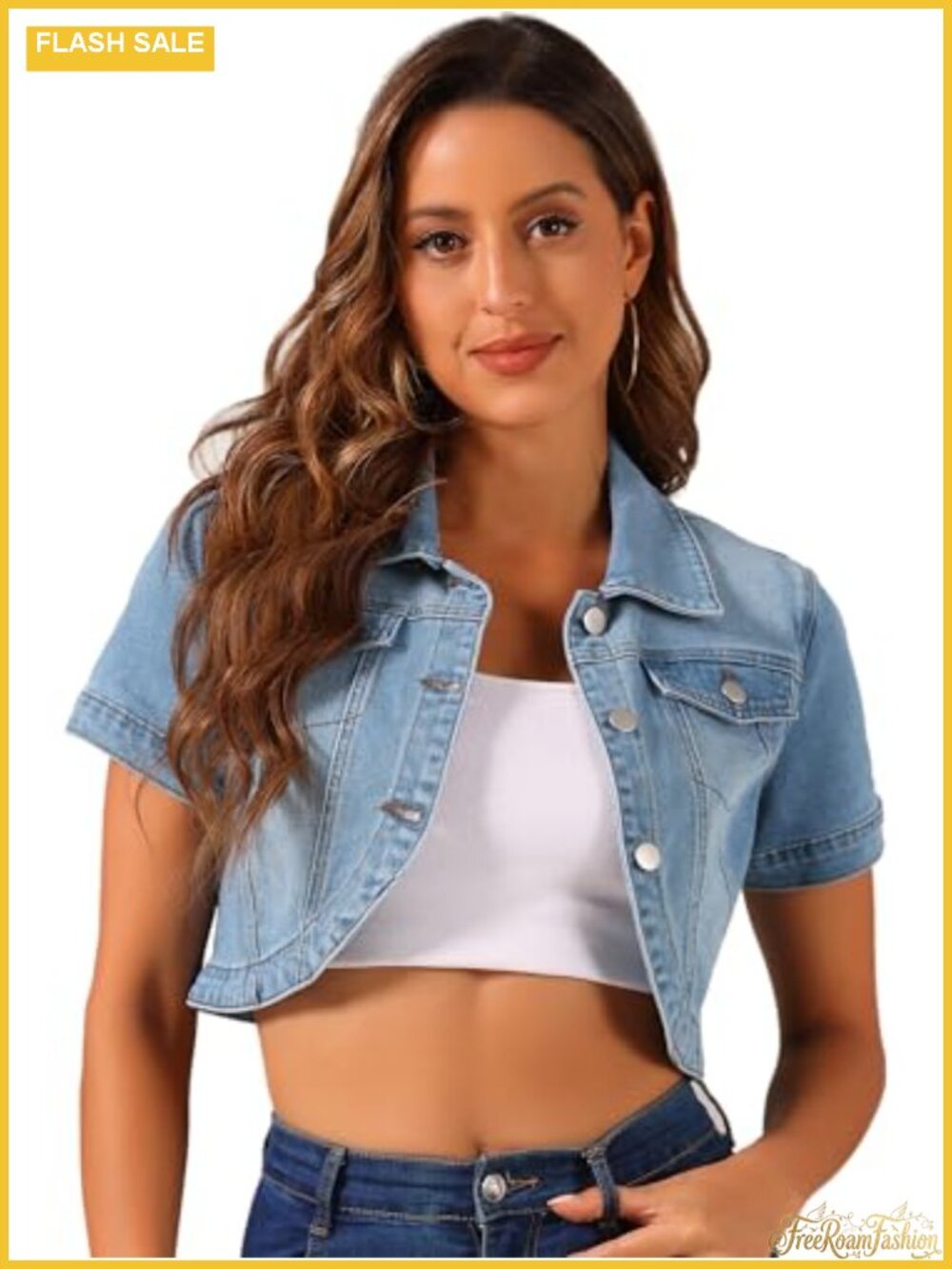 Crop Jean Jacket Women Short Sleeve Denim Casual Turndown Collar